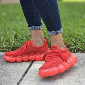 Women Knitted Stylish Bubble Textured Lace up Sneakers Red Color